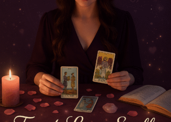 Woman casting a tarot love spells with the Lovers and Two of Cups cards