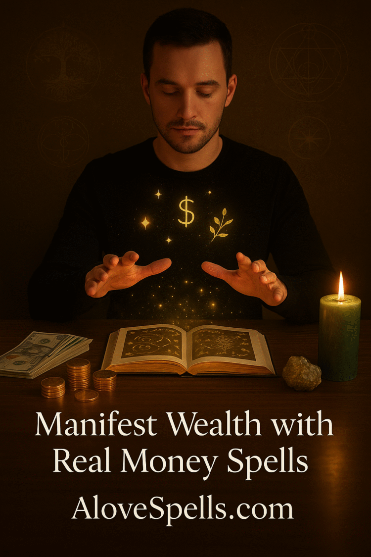 A confident person casting a money spells at a candlelit altar with gold coins, green candle, and citrine crystal