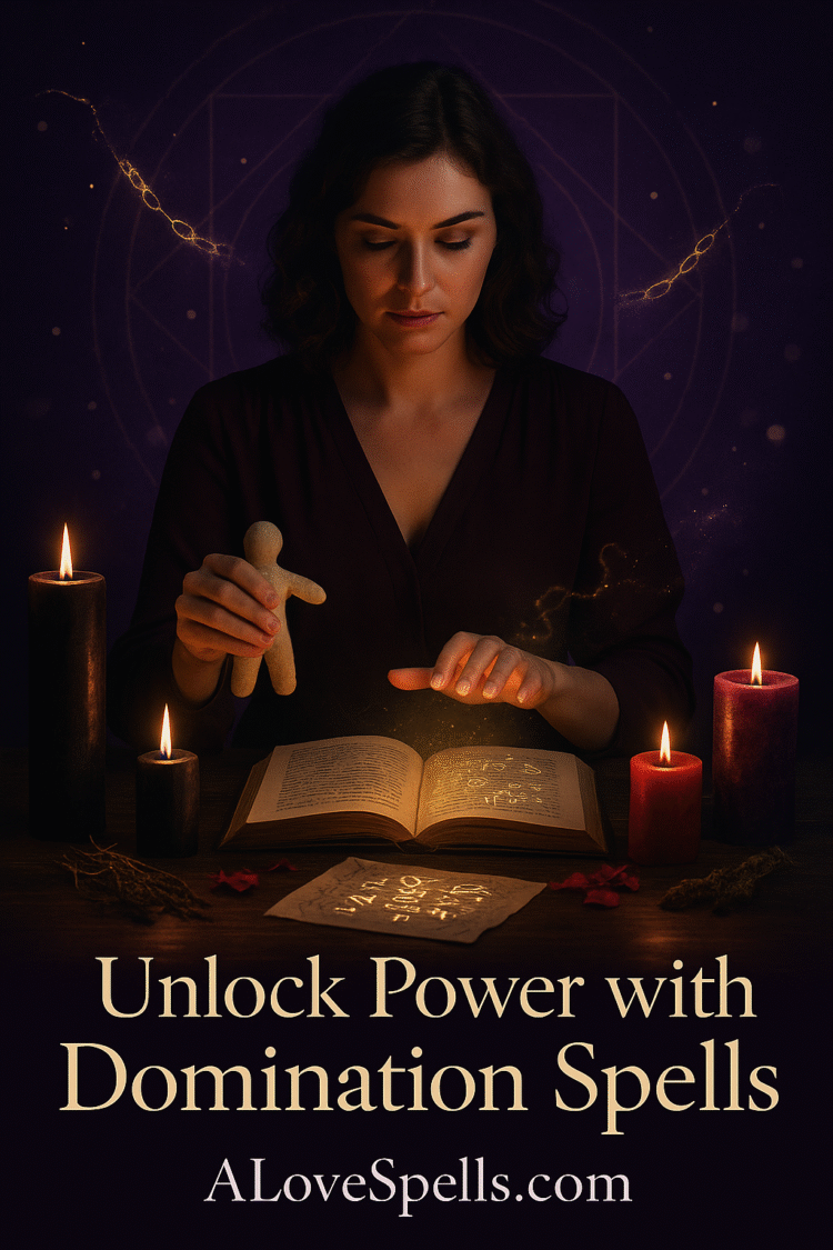 The person holds their hand over a doll/poppet or an open spell book with Domination Spells symbols radiating faint golden light. Floating around them are soft sparkles, symbolic chains breaking, or subtle aura waves in dark purple and gold.
