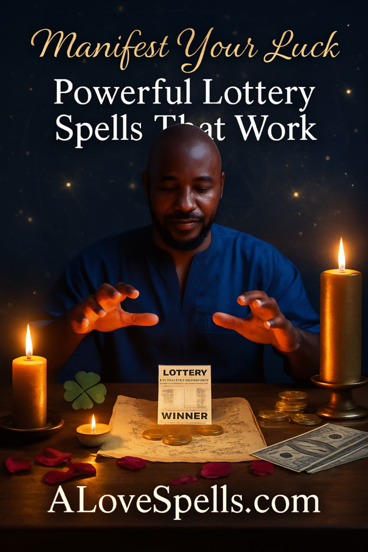 A confident African spiritual healer (man or woman) is seated at a glowing altar surrounded by mystical elements: a gold candle, lucky charm, Lottery Spells